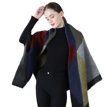 

New Thick Warm Wool Cashmere Scarf Winter Geometric Stitching Acrylic Blanket Scarf for Women Super Soft Jacquard Throw Blankets