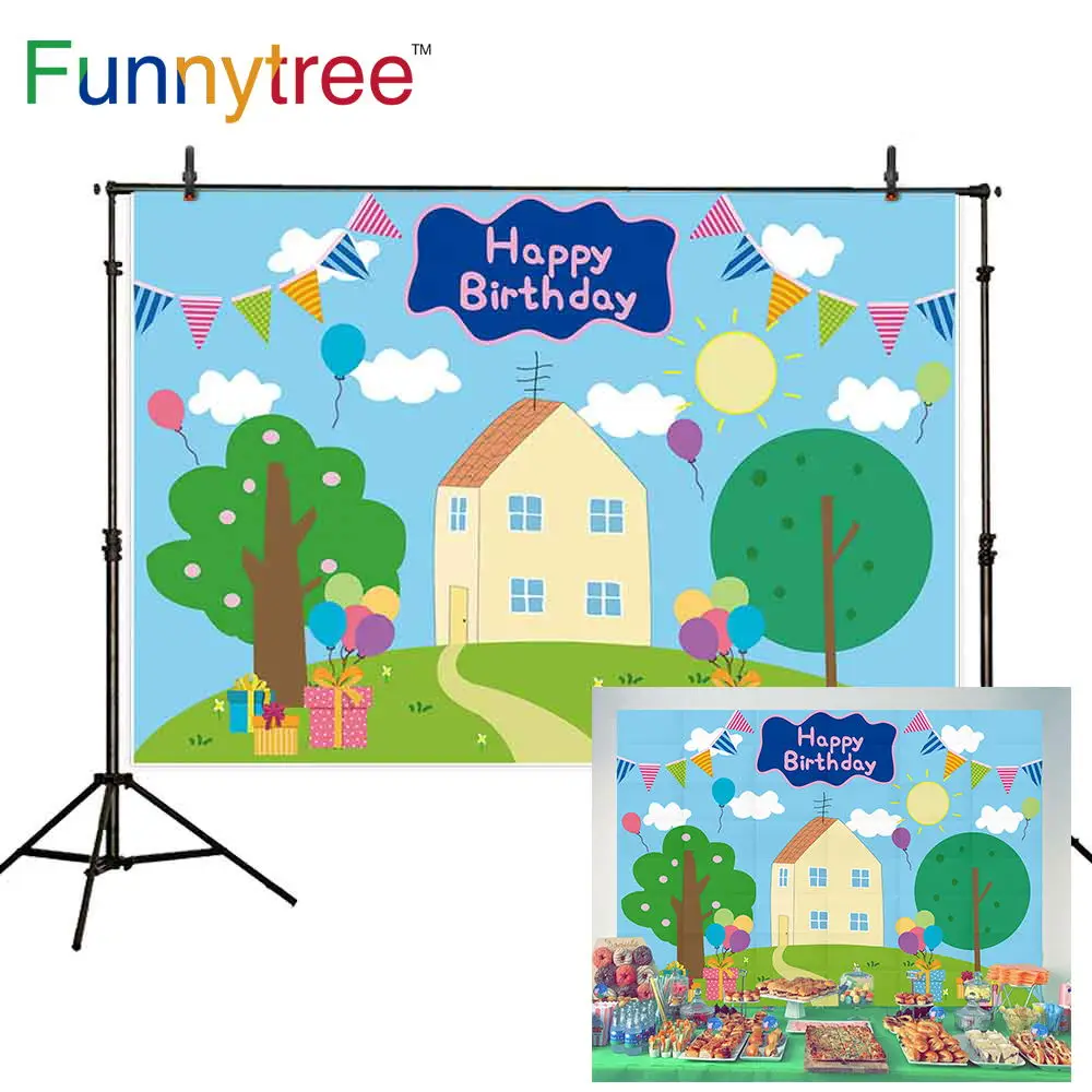 

Funnytree spring blue first Birthday background Child Baby shower banner pig house backdrop Photo zone photography photophone