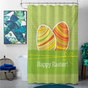 

Shower Curtains Pink and Gold Easter,Colorful Eggs with Stripes on a Green Checkered Squares Background Festive