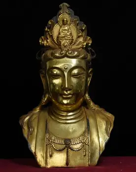 

8 Old Tibet Buddhism Temple Bronze Gilt GuanYin Kwan-yin Buddha Head Bust Statue