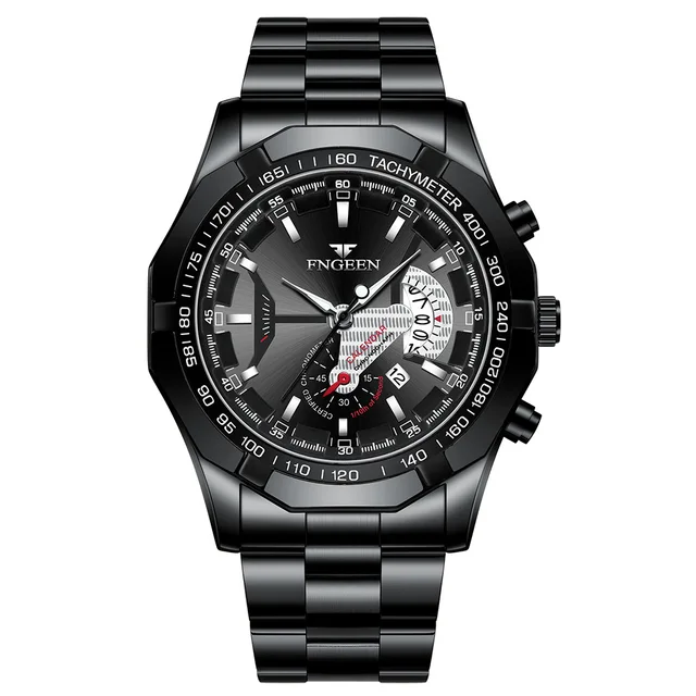 FNGEEN Luxury Men's Watches Stainless Steel Band Fashion Waterproof Quartz Watch For Man Calendar Male Clock Reloj Hombre S001 Black
