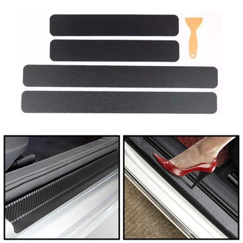 4pcs Car Threshold Carbon Fiber Sticker Door Scratch Strip Anti-kick Film Protective Pad Threshold Strip Auto Parts