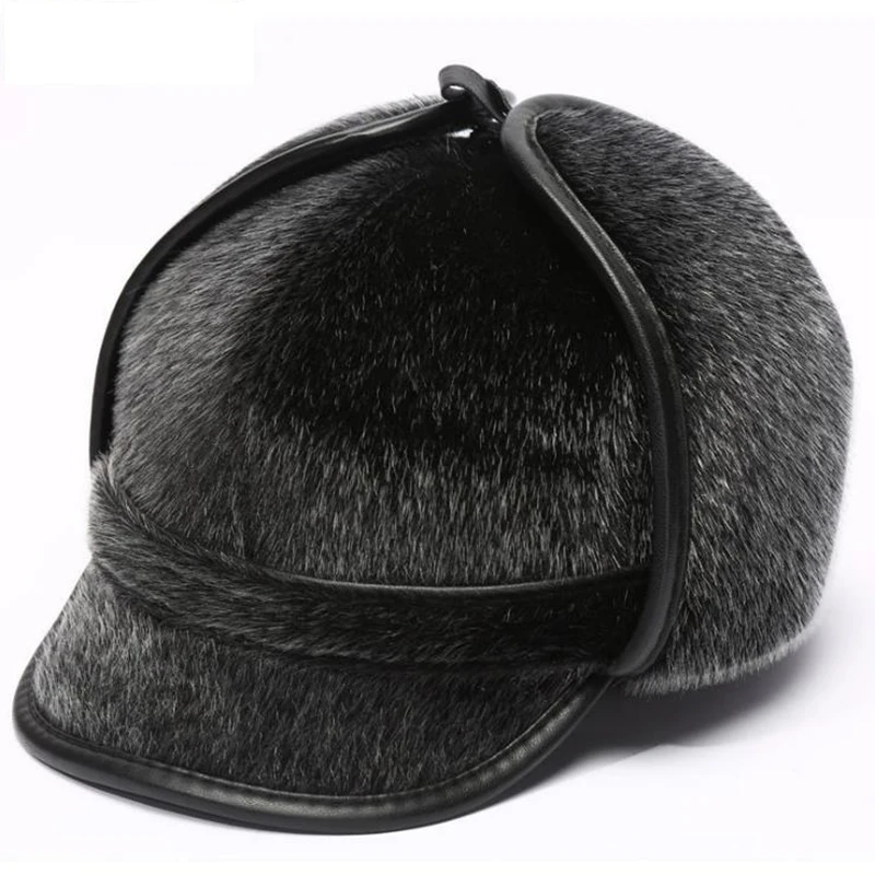 black1 Осенне-зимние мужские меховые наушники из искусственной норки, уличная ветрозащитная Мужская кепка для защиты ушей, зимняя теплая шапка для папы - Цвет: black1