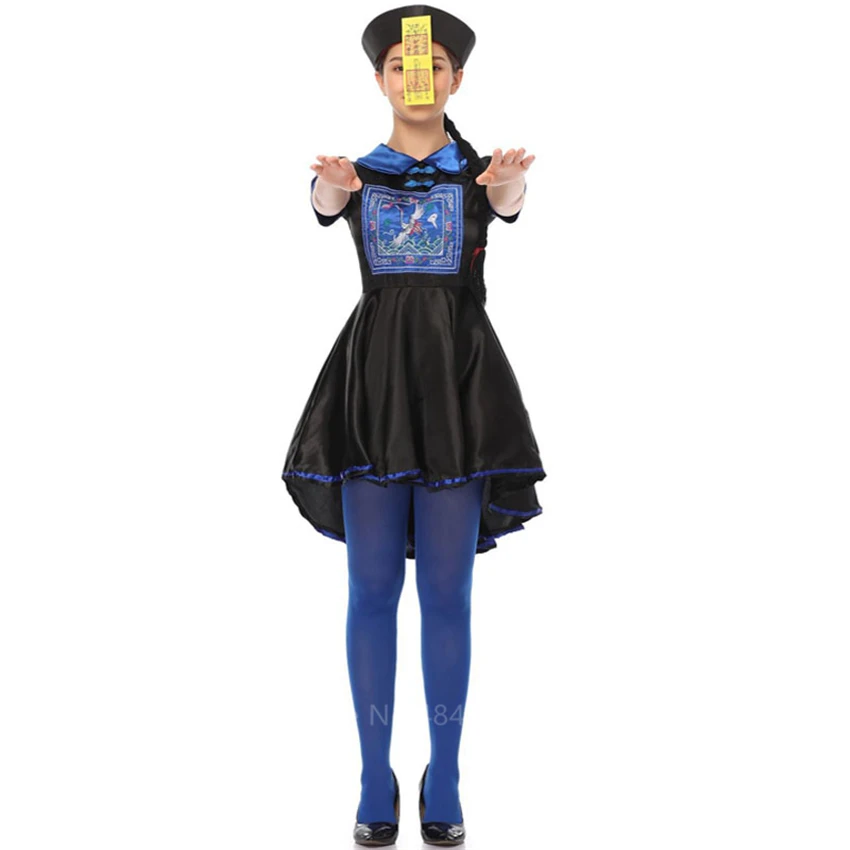 Chinese Ghost Vampire Scary Cosplay Traditional Costume Qing Dynasty Halloween Dress Women Girl Zombie Kid Carnival Party Fancy