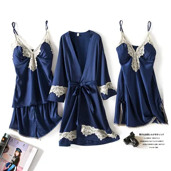 

Women Satin Sleep Set 4PCS Nightwear Blue Bride Bridesmaid Wedding Robe Suit Sexy Casual Sleepwear Kimono Bathrobe Gown Homewear