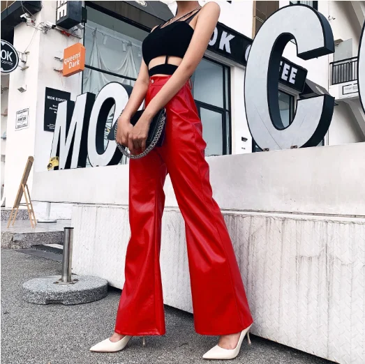 2022 The New Faux Leather Wide Leg Pants High Street Ladies Loose Flare Trousers Women Leather Casual Retro Pants Capris