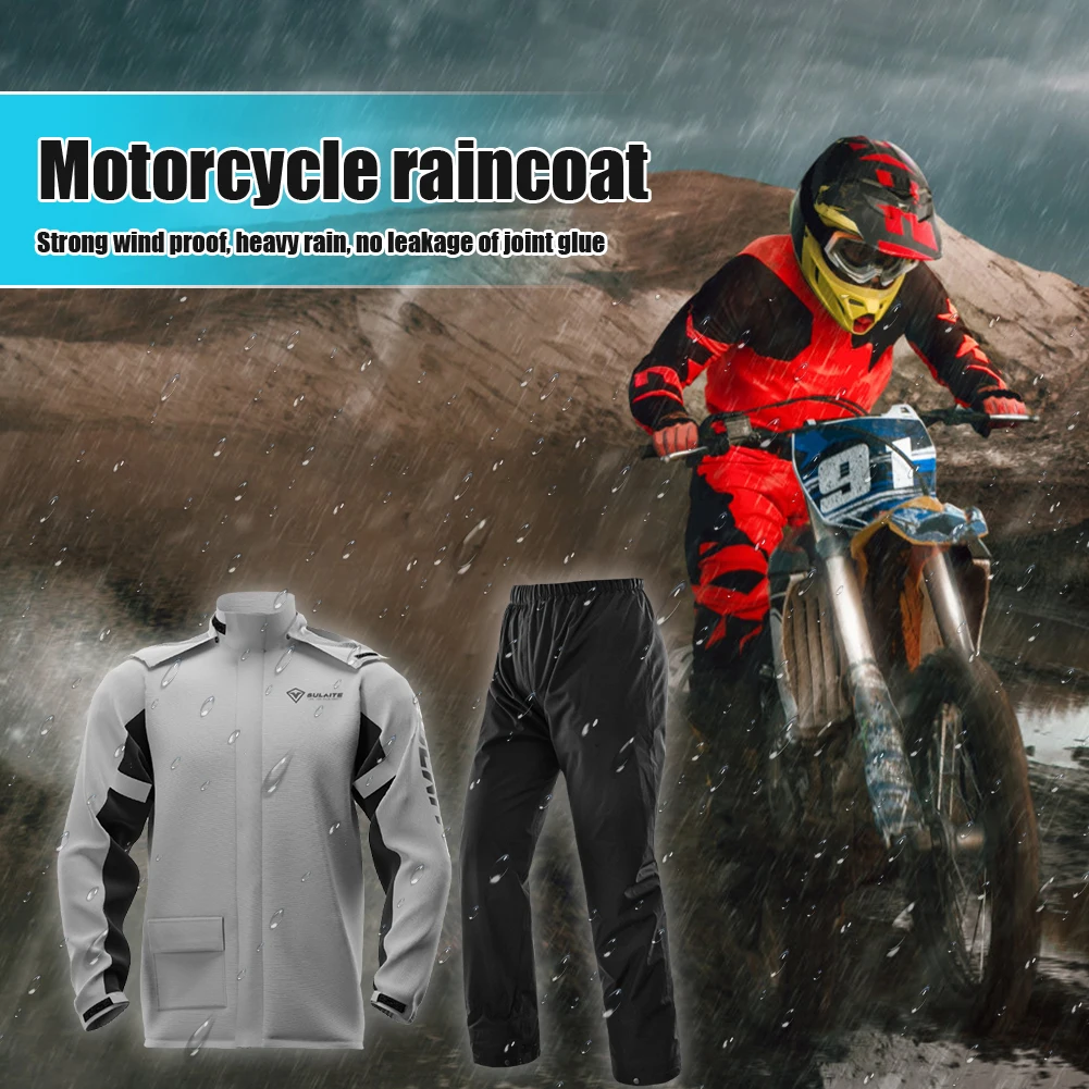 Sulaite Man Reflective Motorcycle Rain Suit Waterproof Rain Jacket + Pants With Shoe Covers Grey/greem