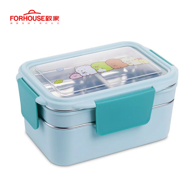 Blue 1200 мл контейнер для хранения еды из нержавеющей стали Bento с ложками палочки для еды двухслойный детский контейнер - Цвет: Blue