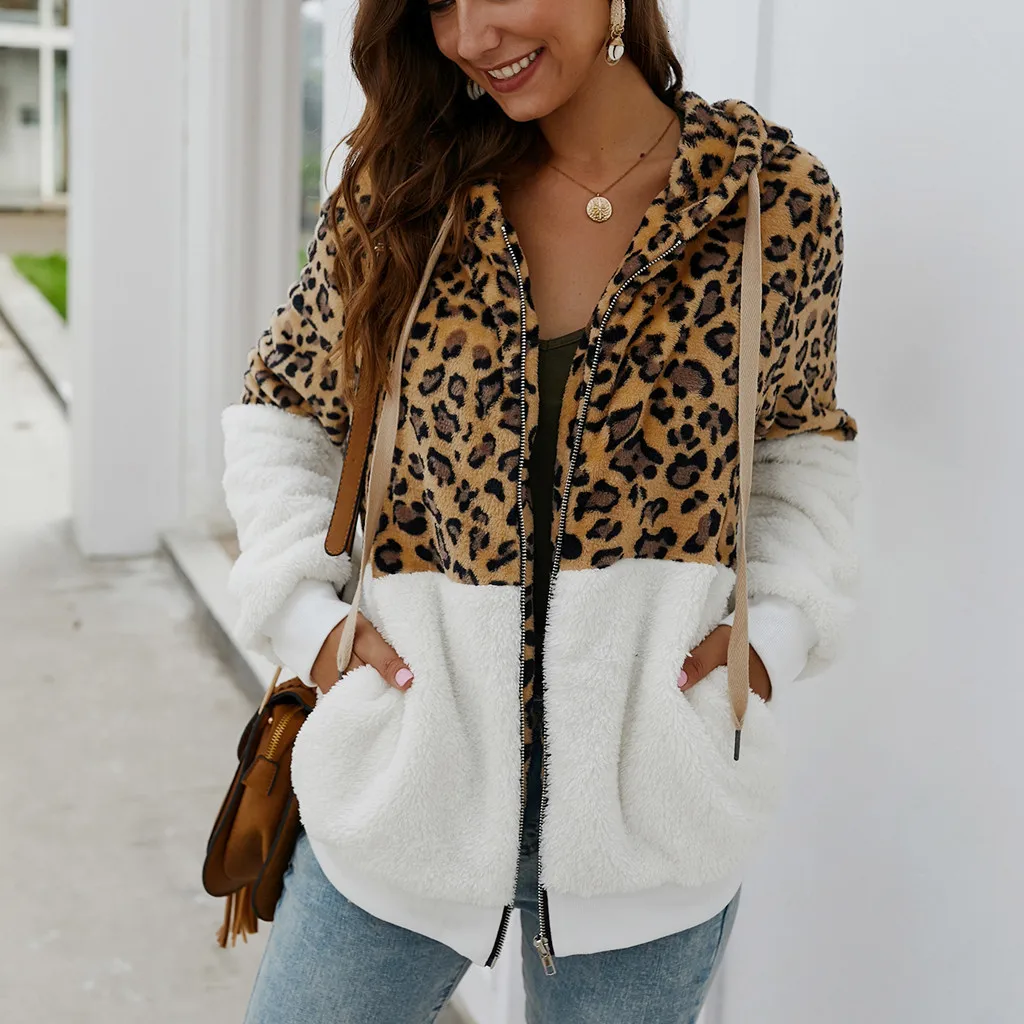 Женское пальто Леопардовый принт пэтчворк флисовая куртка осень зима теплое пальто с капюшоном и длинными рукавами Женская толстовка на молнии Верхняя одежда