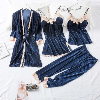 

New Winter Female pajamas sexy sling + pants 4 pcs gold velvet pajamas sets with chest pad lace female sleepwear V-Neck clothes
