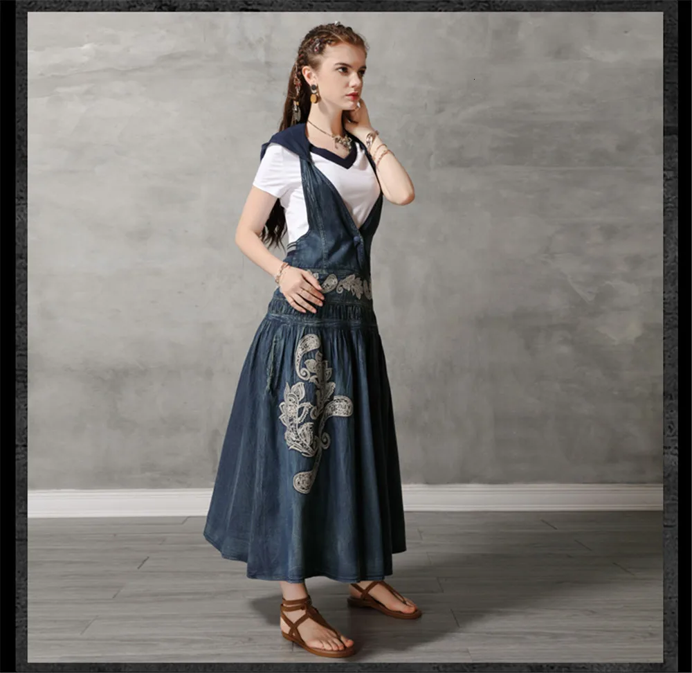 Vintage Hooded Women Dress 2019 Summer Denim Dresses Embroidery V-Neck Loose A-line Long Vestidos Femininas Woman Dress 82109 (14)