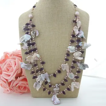 

N022938 26" 3 Strands Purple Keshi Pearl Purple Crystal Necklace