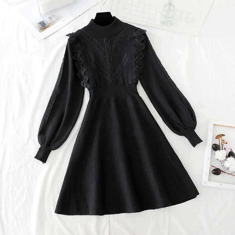 

Knitting Sweater Dresses for Women Female Vintage A-line Slim Lace Long Sleeve Knee-Length Black Dress Party 2022 Spring Autumn