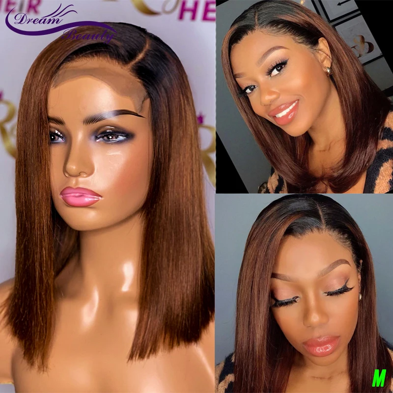 Peluca de cabello humano liso de 13x4 para mujer, postizo Bob corto con encaje frontal, Remy ombré brasileño con pelo, corte Bob y marrón, 180%
