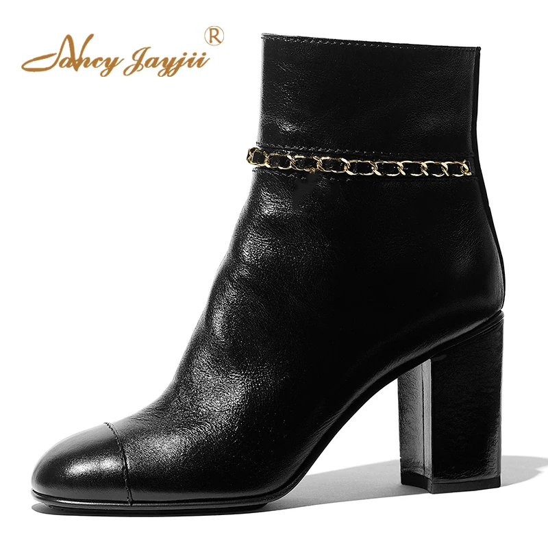 

Small Size 30 34 Black Chain Cap Round Toe Ankle Winter Boots Woman Zipper High Chunky Heels Quilted Ladies Casual Shoes Mature