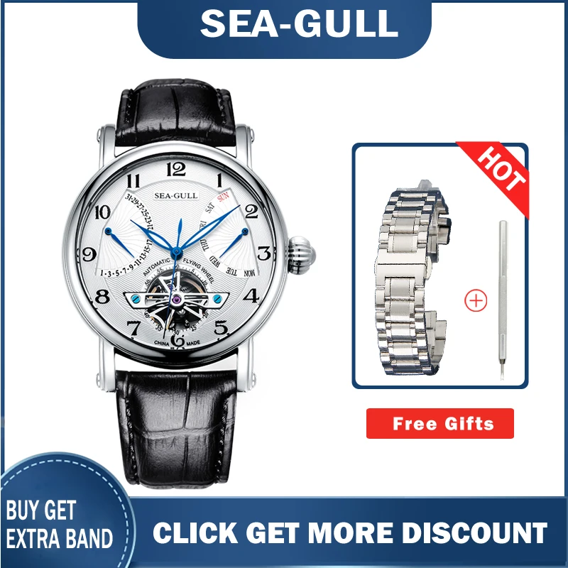 

Genuine Seagull Watch 819.316 Automatic Mechanical Leather Waterproof Watch for Men Atieno Sports with Date and Week Display