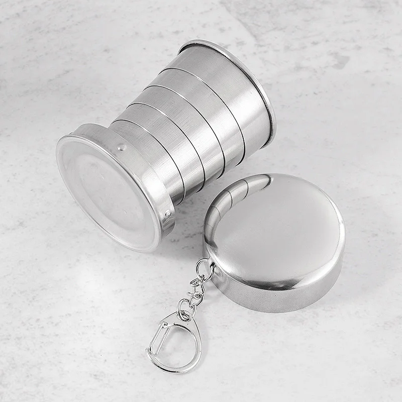 Metal Stainless Steel Folding Cup Keychain Portable Beer Tea Glass Water Foldable Retractable Travel Mug Collapsible Coffee Cup
