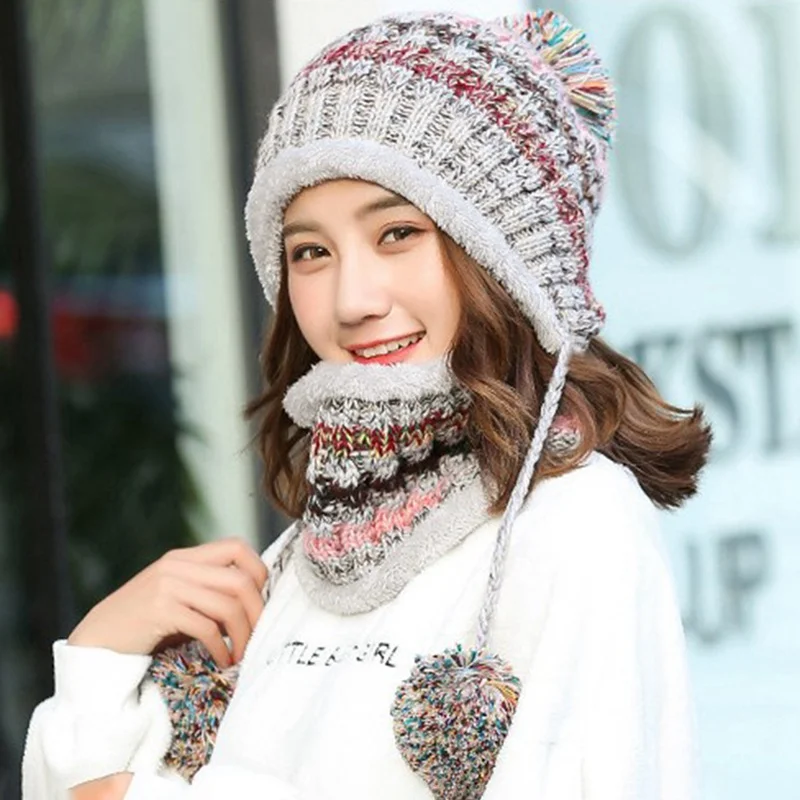 Fashion Knitted Hat Scarf Set Women Winter Warm Thicken Crochet Bobble Pom Pom Beanie Hat Cap Outdoor Ski Snowboard Cycle