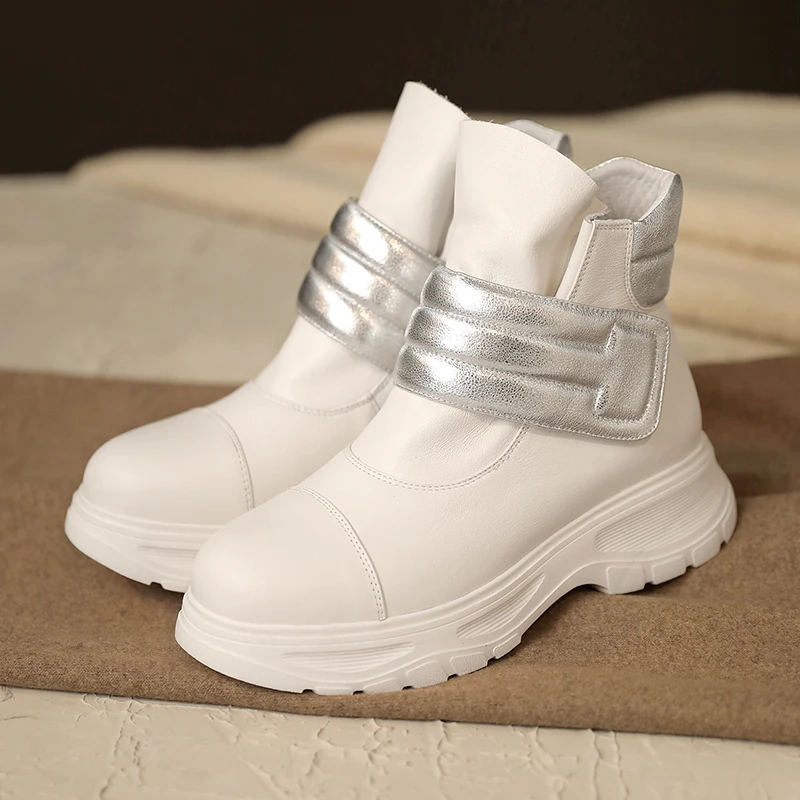 

Women's genuine leather platform flats ankle boots hook&loop leisure female punk autumn short booties high quality shoes women