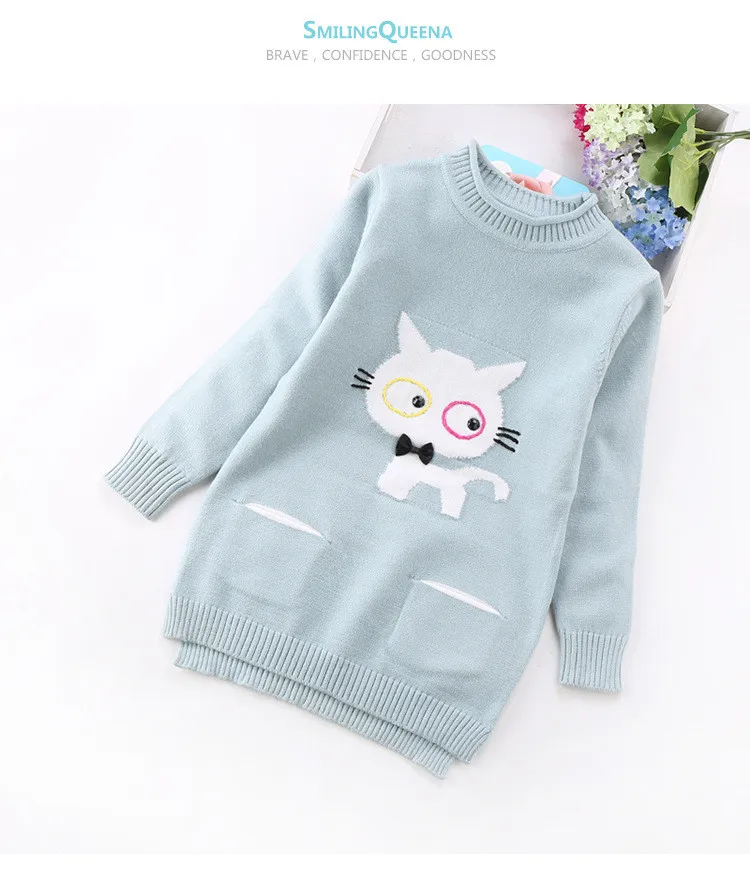 Пуловер с высоким воротником для больших девочек; зимние теплые свитера; свитеры для маленьких девочек 3, 4, 6 От 8 до 10 лет; бархатная Осенняя детская одежда с рисунком кота
