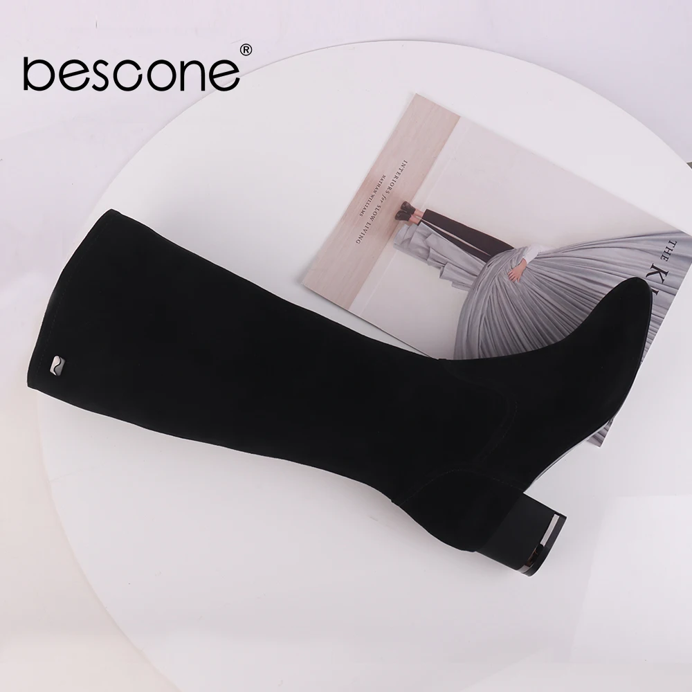 

BESCONE Handmade Ladies Boots Winter Zipper Round Toe 4.5 cm Med Heel Shoes Basic Solid Square Heel Women Knee-High Boots BC471