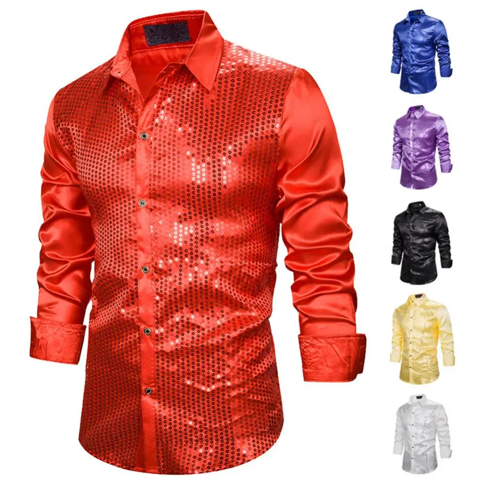 Men Shiny Sequins Shirt Long Sleeve Solid Color Turn Down Collar Party Stage Costume Top