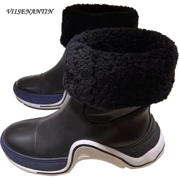 

Leather Wool Snow Boots round toe Sports Thick-soled Women's Short Warm Velvet Cotton Winter Boots Height Increase Fur Shoes