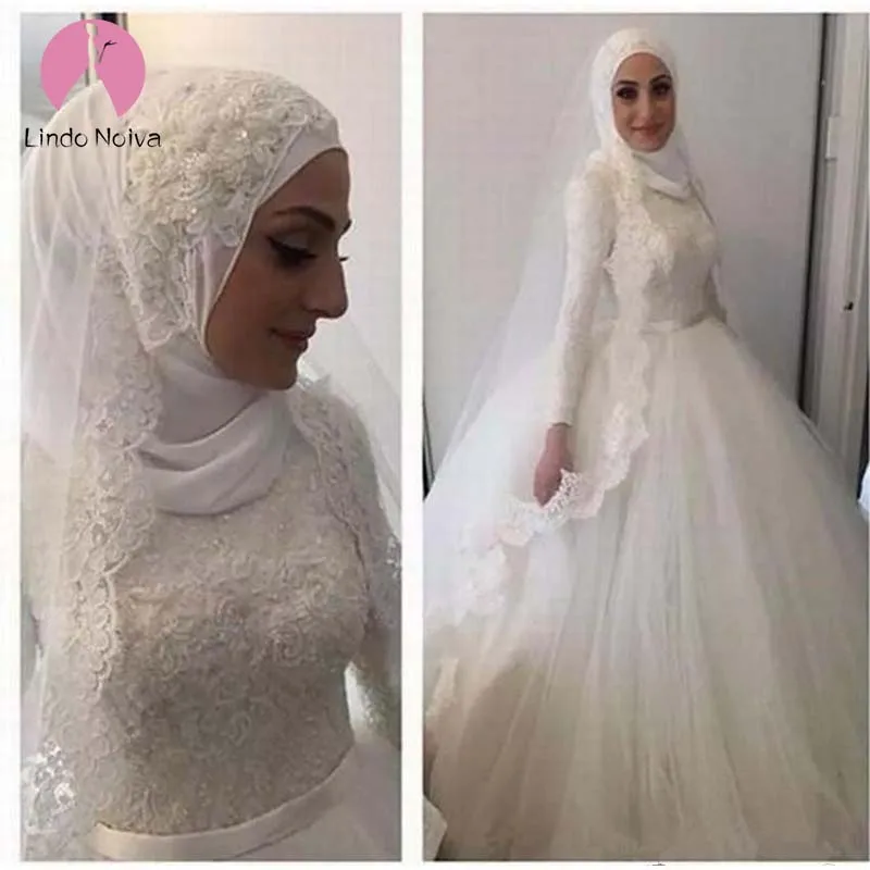 Мусульманское Vestido De Noiva Элегантный Высокий воротник с длинными рукавами бальное