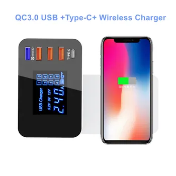 

Qi Wireless Charger QC3.0 Smart USB Type C Charger Fast Charging Power Adapter Desktop USB Wireless Charger Real-time Display