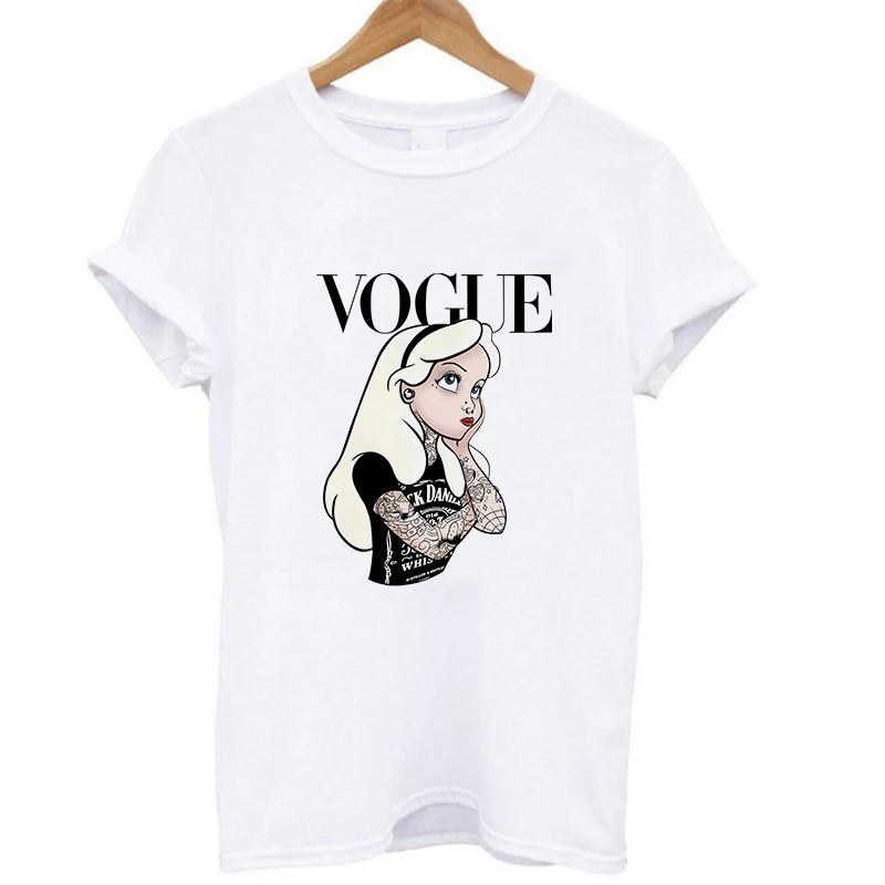 Плюс размер Vogue тату АЛИСА Женский Летний Топ принцесса печать футболка Забавный Топ тройник