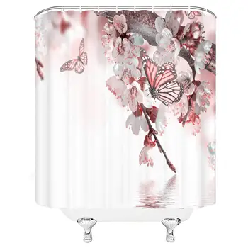 

Floral Shower Curtain Pink and White Flower Plum Blossom Butterfly Water Reflection Asian Spring Waterproof Machine Washable