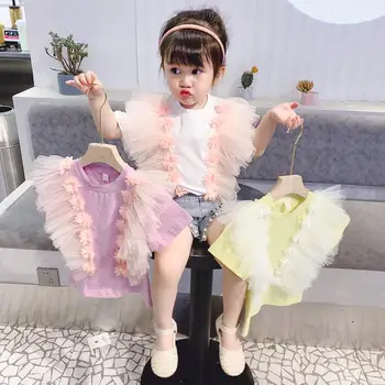 

Girls mesh 3D Flowers t-shirt children short sleeve Tees kids fashion Princess tops toddler Tees 3-10Y ws1533