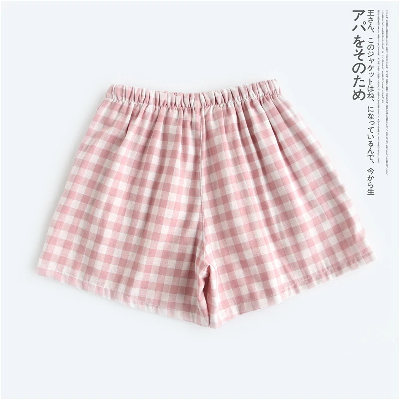 Couple pajamas summer cotton gauze shorts Japanese style simple elastic waist casual large size lattice men and women home pants