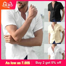 Для мужчин, мешковатые штаны, хлопок, лен, одноцветные, короткий рукав на пуговицах, в стиле ретро, Рубашки, Топы, блузки Поддержка и Прямая поставка