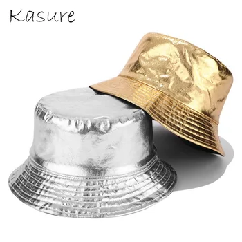 

KASURE Two Side Reversible New Fashion Shiny PU Bucket Hats Men Women Wide Brim Foldable Hip Hop Street Cap
