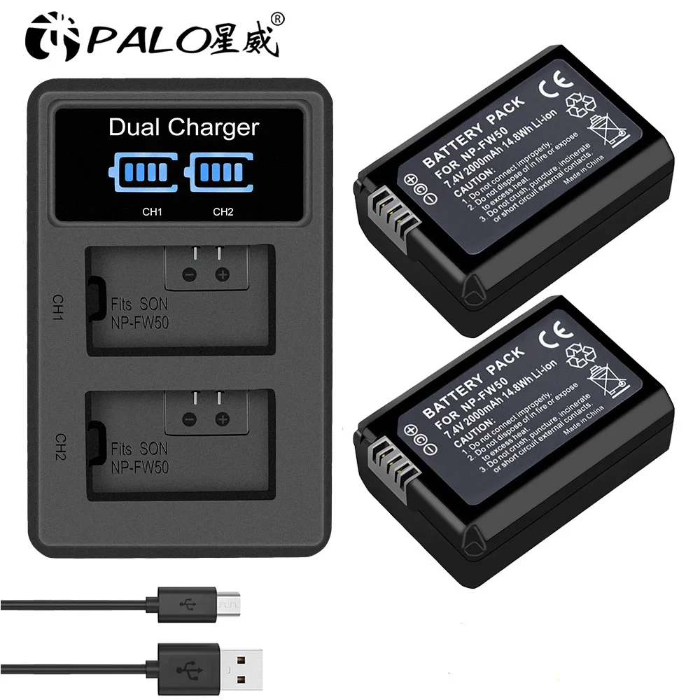 PALO 2 шт. 2000 мАч NP-FW50 NP FW50 батарея для камеры+ ЖК USB двойное зарядное устройство для sony Alpha a6500 a6300 a6000 a5000 a3000 NEX-3 a7R - Цвет: FW50-B-2