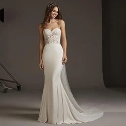 Sweetheart Mermaid Ivory Wedding Dresses 2022 Chiffon Dress Lace Sleeveless Bridal Gowns Floor-Length Court Train Button Back