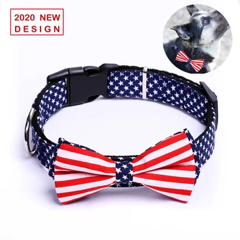 

American Flag Dog Collar with Bowtie Charm Independence Day Cute Star&Stripes Printed Puppy Cat Breakaway Collor 4th of July