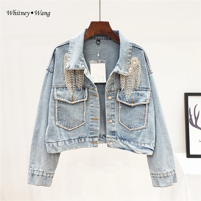 WHITNEY WANG Осенняя модная уличная джинсовая куртка с бриллиантами женское джинсовое пальто
