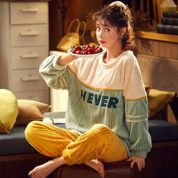 

MELIFLE Winter Warm 100% Velvet Pajama Set for Women Fashion Atoff Home Flannel Satin Sleepwear Soft Silk Plush Female Nightwear