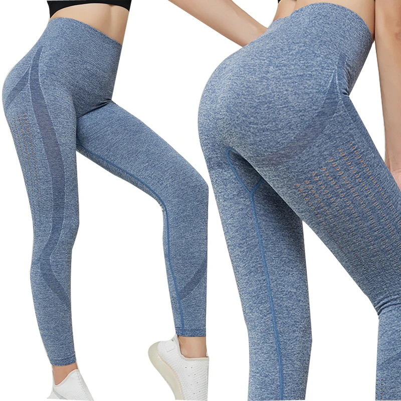 Бесшовные женские штаны для йоги с высокой талией, женские спортивные штаны для бега, тренировок, фитнеса, спортзала, леггинсы - Цвет: light blue