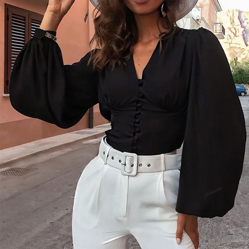 

Blouses Woman 2019 Sexy Deep V-Neck Black Button Lantern Long Sleeve Slim Fashion Autumn New Elegant Lady Shirt Top Female Tops
