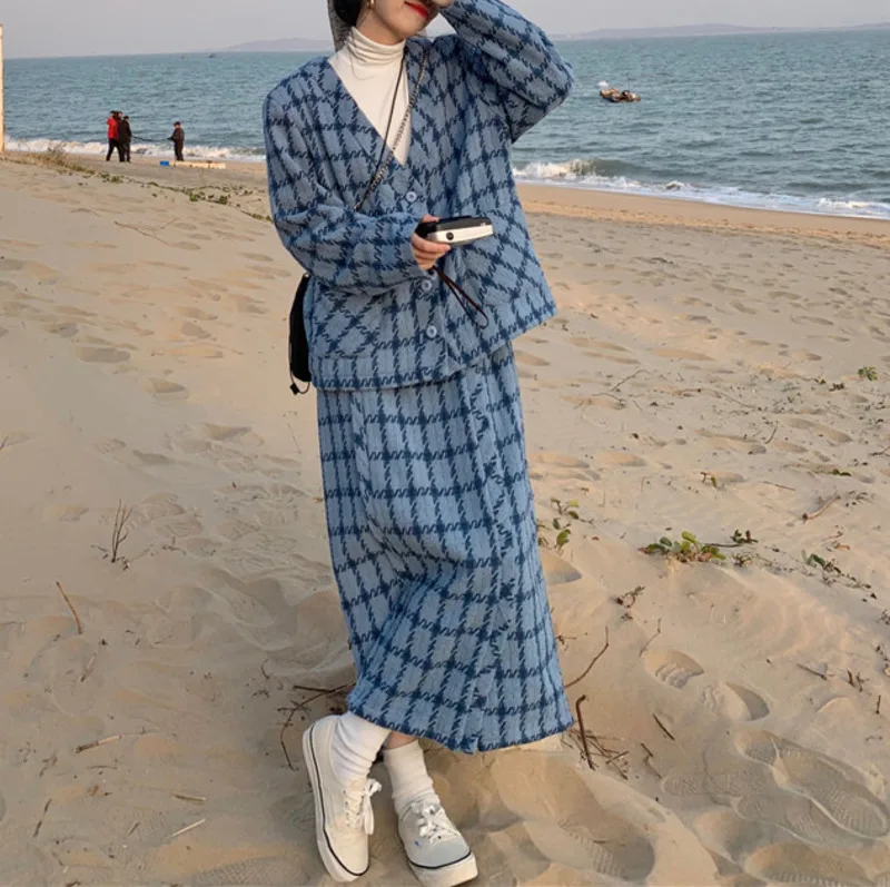 Salt Suit Autumn Winter Plaid Wool Coat High Waist Skirt Two Piece Set Women's Fashion |