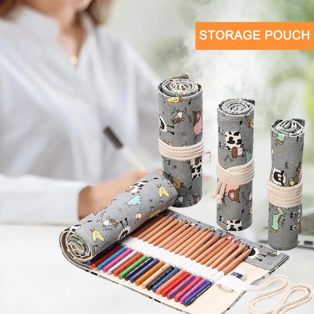 

Pencil Case Pen Bag 48 Holes Pouch Canvas Pen Wrap Roll Makeup Cosmetic Brush Storage For Artist Adult School Student Supplies