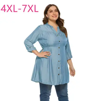 

New 2020 spring summer plus size tops for women large blouse casual loose blue green denim V neck long shirt 4XL 5XL 6XL 7XL