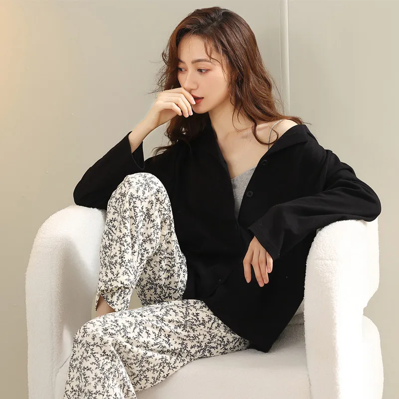 

Women 2PCS Cotton Pajamas Set Black V-Neck Shirt&Print Pant Suit Pyjamas Long Sleepwear Sexy Nightwear Autumn Underwear Homewear