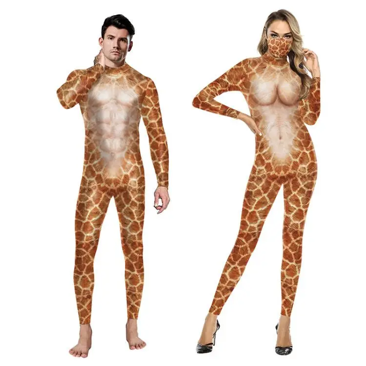 

Giraffe Printed Cosplay Bodysuits Elastic Sexy Costume For Women Men Halloween Couples Jumpsuits Exercise Fitness Outfit Unisex