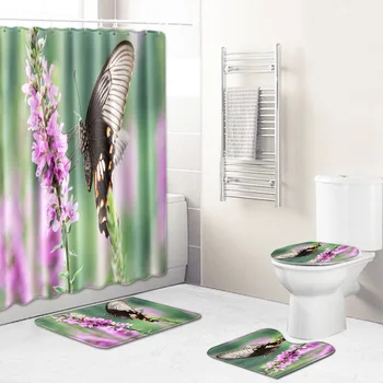 

Flower Shower Curtain with Hooks Bath Mats Bathroom Carpet 3D 4 Piece Bathroom Rug Sets for Home Decor Toilet Seat Cover Blanket