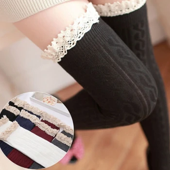 

Ladies sexy Lace stockings knit cotton stockings solid color slim decor over knee thigh high socken Long Cotton Stockings Warm