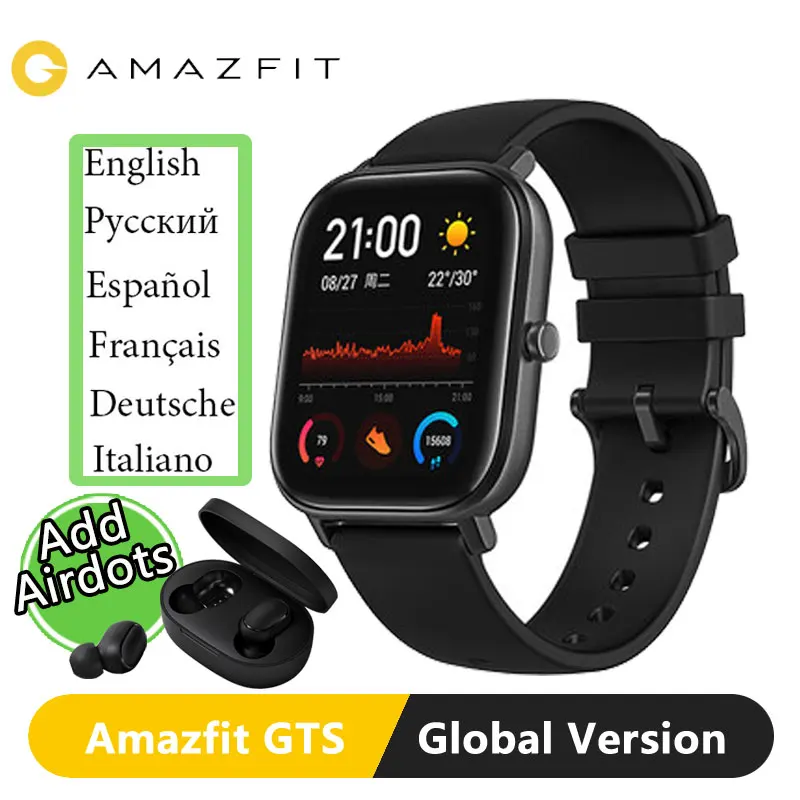 Xiaomi Huami Amazfit GTS глобальная версия Смарт-часы gps Smartwatch отслеживание сна 5ATM водонепроницаемый плавательный пульс - Цвет: Add RedmiAirDots